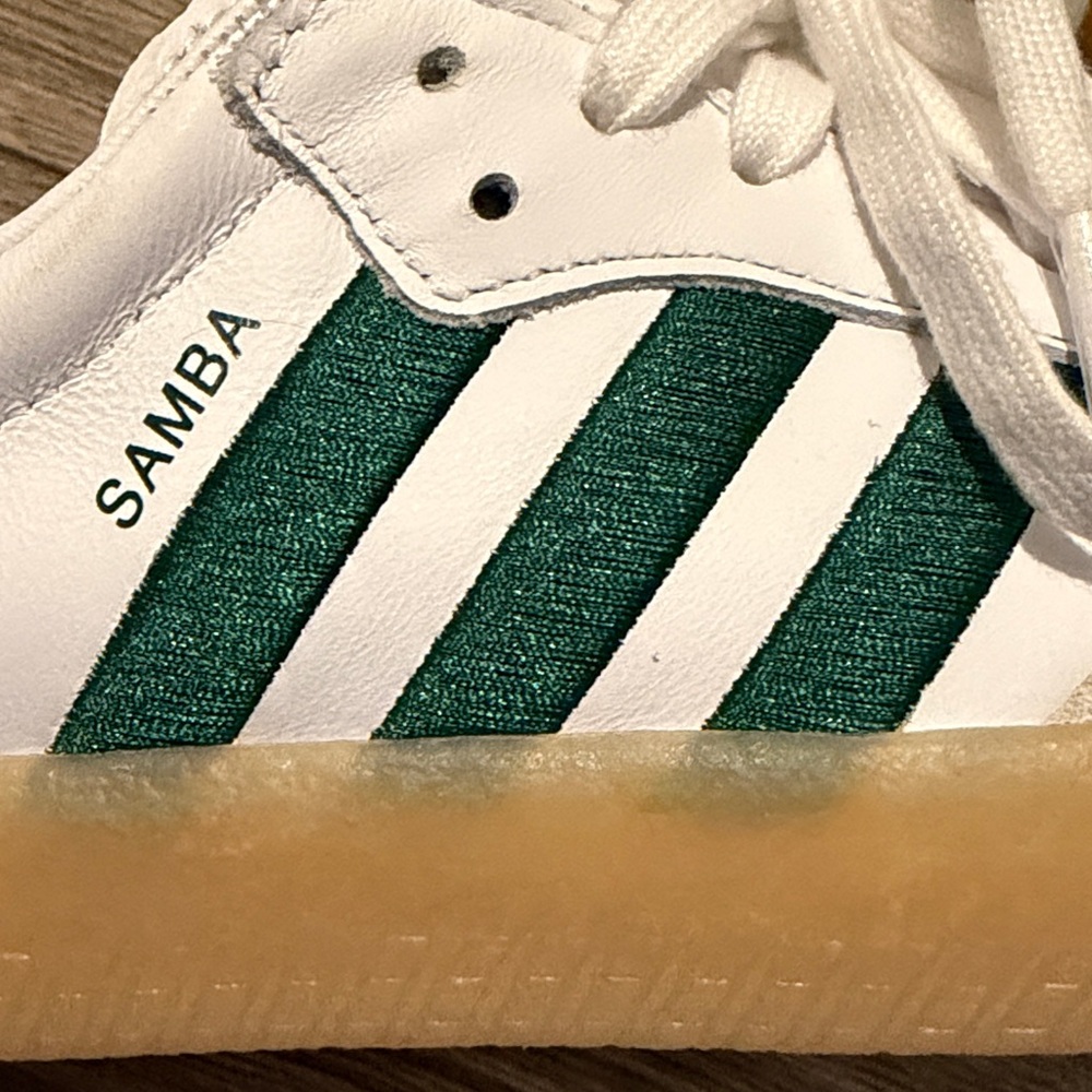Women’s adidas White Leather Sneakers with Green Stripes and Gum Sole - Picture 4 of 11